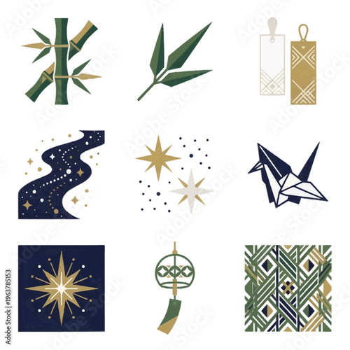 北欧風和モダンな七夕アイコン9種セット 白背景に孤立したミニマルな笹と短冊のイラスト 夏の行事や星空のデザインに最適な高品質素材