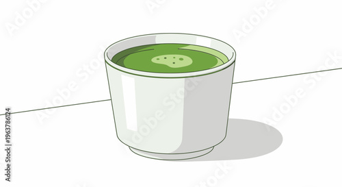 Simple cartoon illustration of a refreshing green matcha tea drink in a white cup.