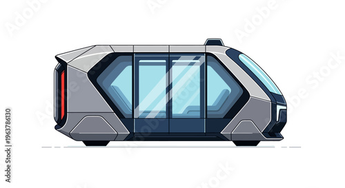 Futuristic autonomous shuttle vehicle on a clean white background.