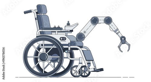Modern electric wheelchair with robotic arm for enhanced mobility and assistance.