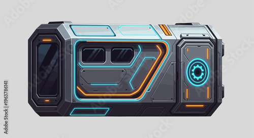 Futuristic sci-fi container with glowing neon lights and high-tech details.