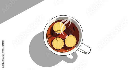 Overhead view of hot beverage with golden coins, symbolizing financial savings.