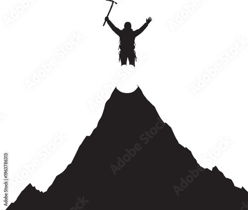 Triumphant caveman standing on mountain peak with pickaxe in victorious dramatic silhouette for business success Transparent Background