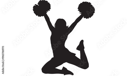 Cheerleader jumping with pom poms in dynamic energetic black silhouette on for sports Transparent Background