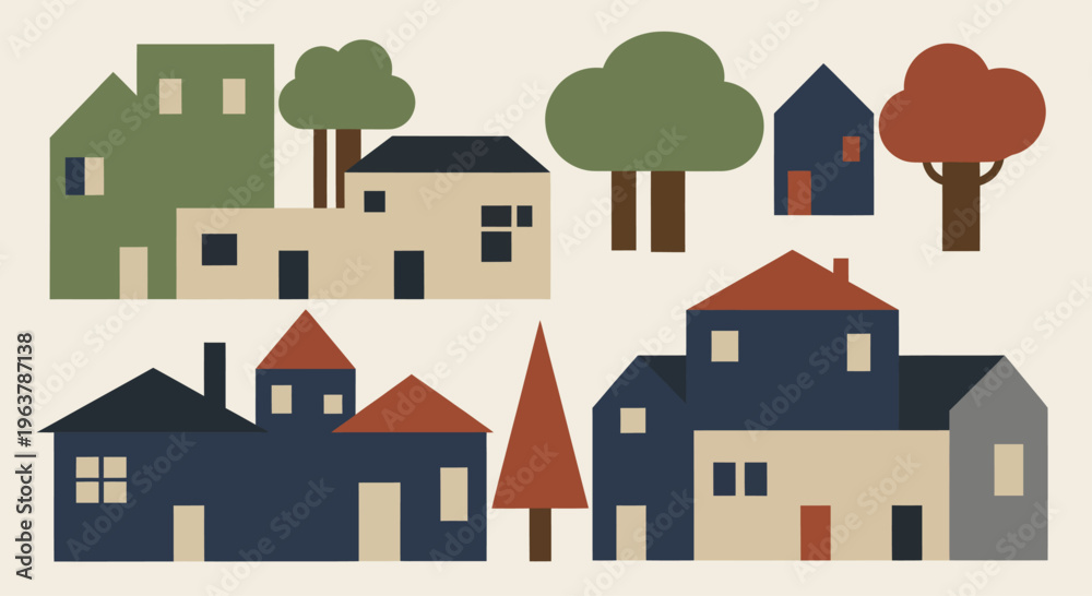 Obraz premium Abstract Houses and Trees Minimalist Geometric Design.