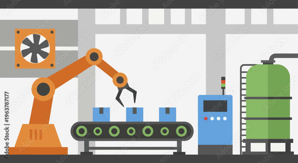Naklejka premium Automated Robotic Arm Packaging Products on a Conveyor Belt in a Modern Factory.