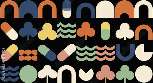 Abstract geometric shapes pattern with colorful elements.