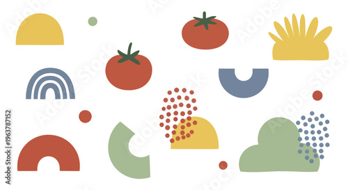 Abstract organic shapes and ripe red tomatoes in a modern minimalist style.