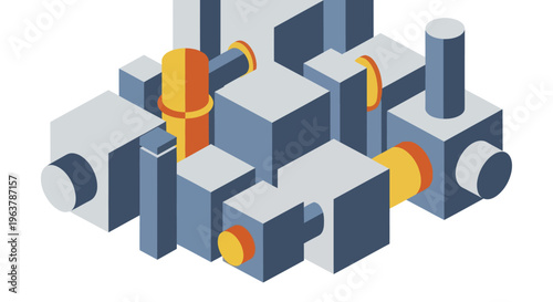 Abstract Isometric Cubes and Cylinders Interconnected Structure.