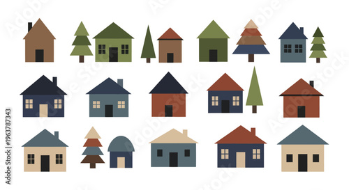 Collection of charming houses and trees in a simple, rustic style.