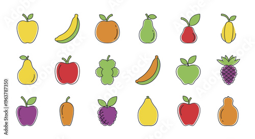 Collection of colorful cartoon fruits and berries in a grid pattern.