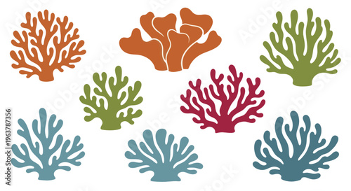 Collection of Colorful Coral Silhouettes Underwater Life Forms.