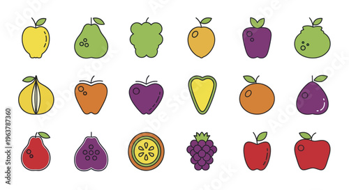Collection of colorful cartoon fruits and vegetables in a grid pattern.