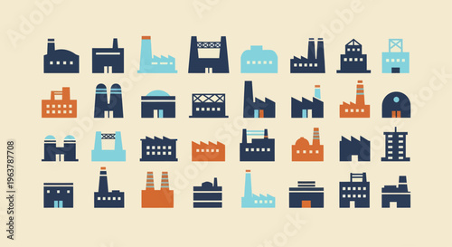 Collection of Industrial Building Icons Representing Factories and Plants.