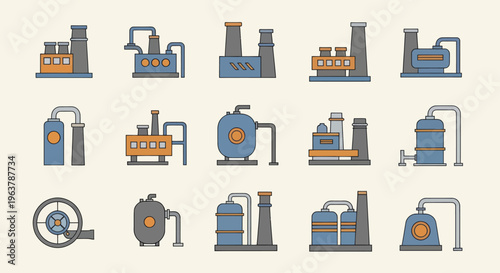 Collection of Industrial Factory Building Icons Set Vector Illustration.