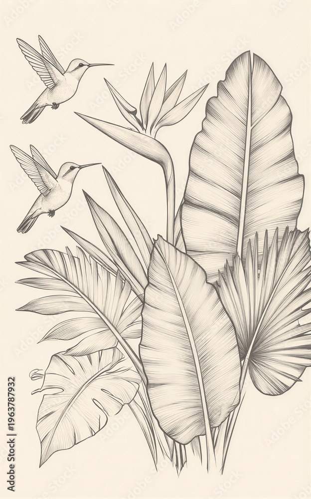 Naklejka premium Tropical birds soar above lush intricately detailed jungle foliage in