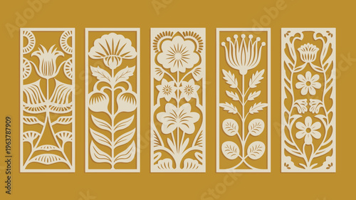 A series of five rectangular panels display intricate floral designs appearing as delicate cut out patterns against a mustard yellow background high quality professional detailed modern