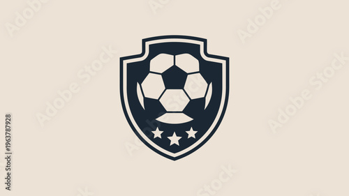 A dark blue shield emblem features a white soccer ball at its center accented by three small stars at the base high quality professional detailed modern
