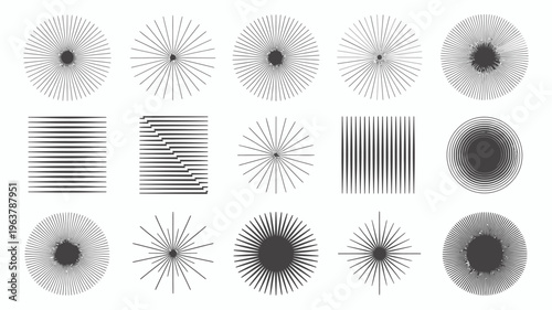 This image showcases a collection of abstract geometric designs primarily featuring radiating lines and concentric circles in black and white high quality professional detailed modern elegant