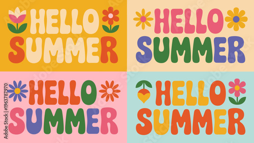 Cuadro en lienzo A vibrant colorful graphic design features the phrase hello summer repeated in f