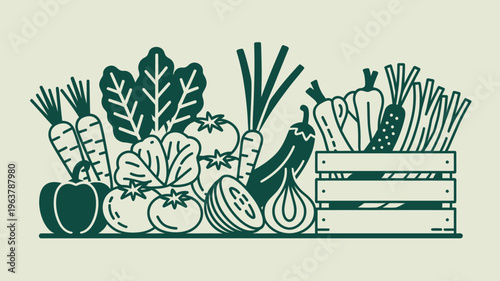 A vintage style illustration depicts a bountiful harvest of fresh vegetables arranged in and around a wooden crate high quality professional detailed modern elegant stylish clean