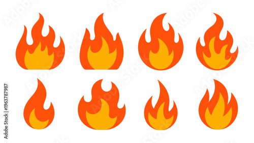 A collection of vibrant orange and yellow flame icons are displayed against a clean white background showcasing various fire shapes high quality professional detailed modern elegant