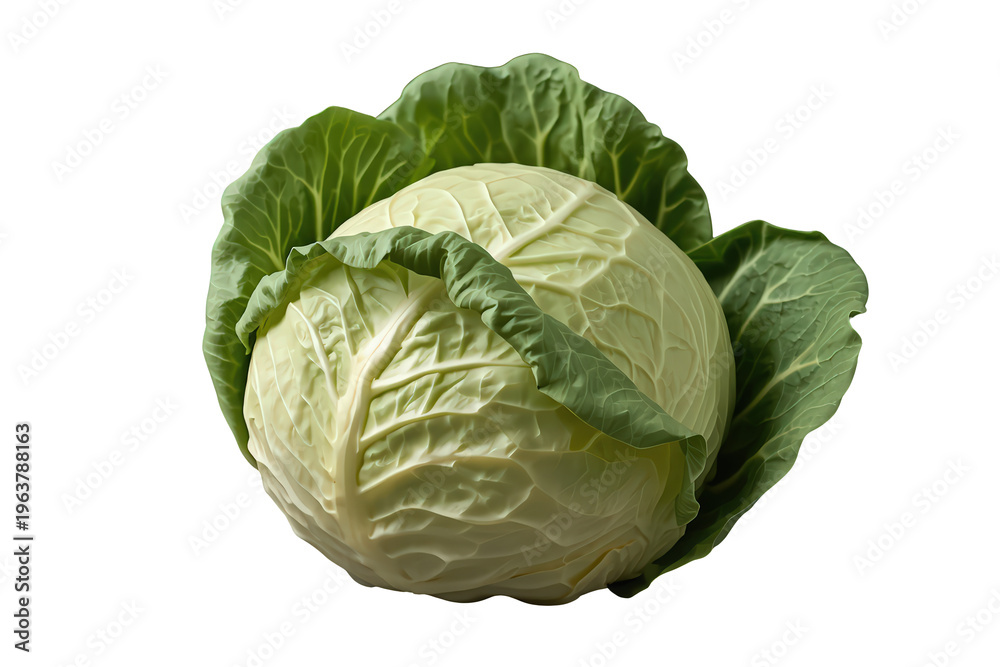 Obraz premium Fresh green cabbage head, a healthy organic vegetable for vegetarian nutrition, isolated on transparent background