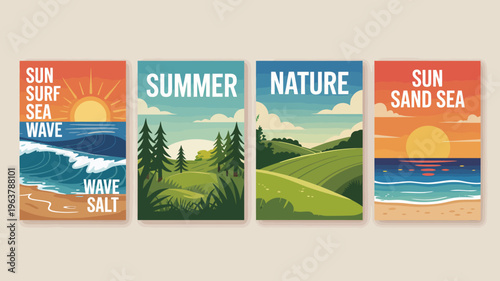 A set of four illustrated panels depict summery scenes a sunrise forest rolling hills and a sunset over the ocean high quality professional detailed modern elegant