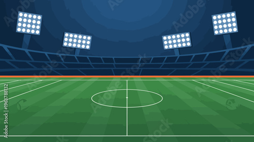 An empty soccer stadium is depicted with bright floodlights illuminating a vibrant green field ready for an upcoming match or event high quality professional detailed modern