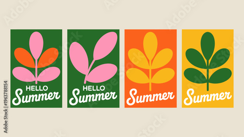 A vibrant collection of four square panels features stylized floral designs and the phrase hello summer in cursive high quality professional detailed modern elegant stylish clean