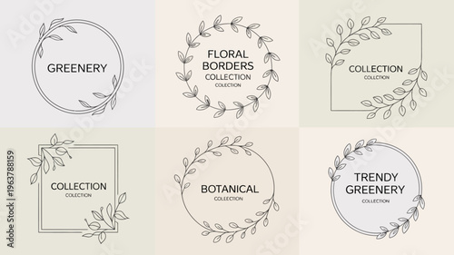A collection of six botanical style frames and wreaths featuring delicate line art of leaves and branches in neutral tones high quality professional detailed modern elegant