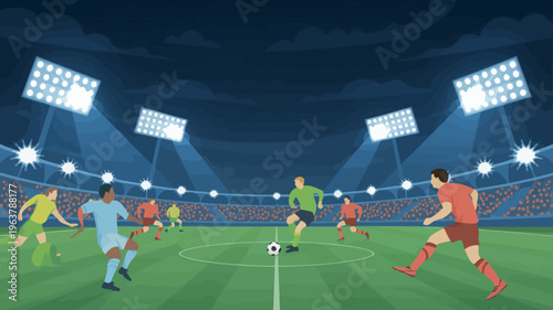 A vibrant illustration depicts a soccer match in progress showcasing players in action under the bright stadium lights and a cheering crowd high quality professional detailed