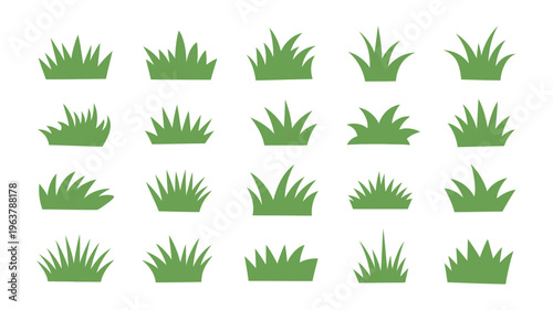 An assortment of vibrant green grass tufts are arranged on a plain white background displaying varying shapes and sizes high quality professional detailed modern elegant stylish
