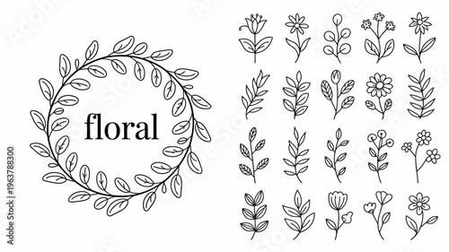 A collection of delicate floral line drawings is presented featuring a circular wreath and various individual flower and leaf illustrations high quality professional detailed modern elegant