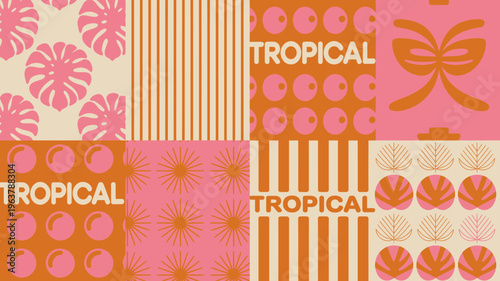 A vibrant collage features repeating tropical patterns in shades of orange and pink including foliage stripes and circular motifs high quality professional detailed modern elegant stylish