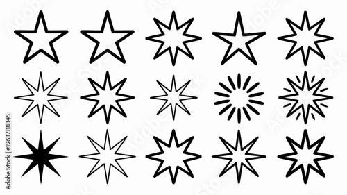 A collection of various black stars is displayed against a clean white background showcasing different point counts and designs high quality professional detailed modern elegant stylish