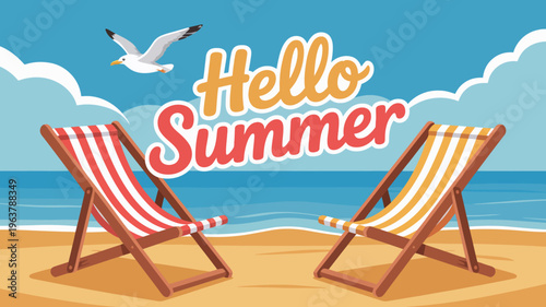 A vibrant illustration depicts two deck chairs on a sandy beach under a clear blue sky with a seagull flying overhead high quality professional detailed modern