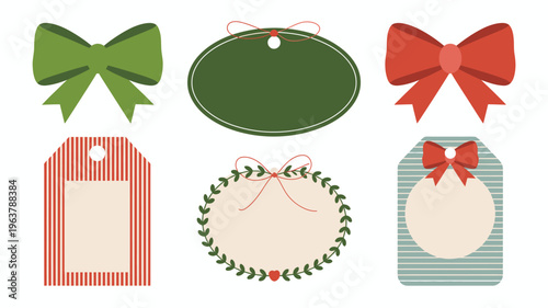 A collection of colorful gift tags and ornaments are displayed featuring bows wreaths and blank spaces for personalized messages high quality professional detailed modern elegant stylish