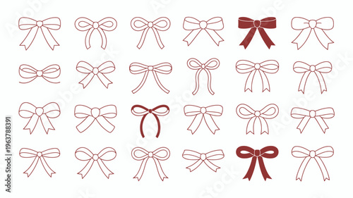An assortment of delicate bow illustrations are displayed with most appearing as simple line drawings and two shown in a rich red hue high quality professional
