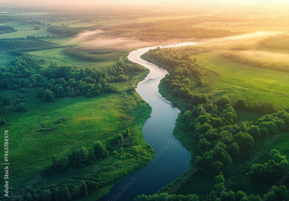 Fototapeta premium aerial view of a winding river through green fields and dense trees at sunrise with soft morning mist, peaceful and serene atmosphere