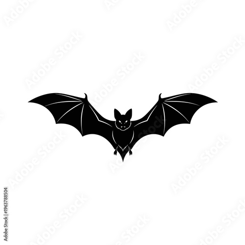 Intricate black silhouette of a flying bat with spread wings, ideal for Halloween decorations, nocturnal themes, and wildlife graphics, vector illustration