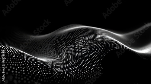glowing field of white dots forming a flowing wavy mesh on a black background, evoking a serene, mysterious digital landscape of particles and light