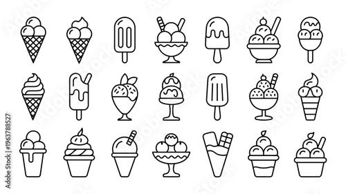 A collection of various black and white line art illustrations depicting different types of frozen desserts including ice cream and popsicles high quality professional detailed modern