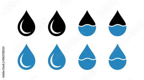 A collection of eight water droplet icons is displayed alternating between black and blue color schemes and varying shapes high quality professional detailed modern elegant stylish