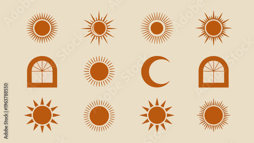 An arrangement of stylized sun and moon illustrations in warm earthy tones dominates the image creating a celestial pattern high quality professional detailed modern elegant stylish