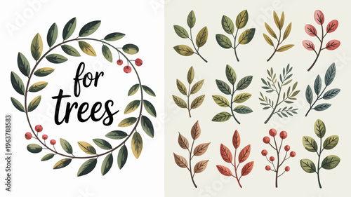 A watercolor illustration displays a circular wreath of green leaves and red berries alongside various individual botanical stems high quality professional detailed modern elegant stylish clean