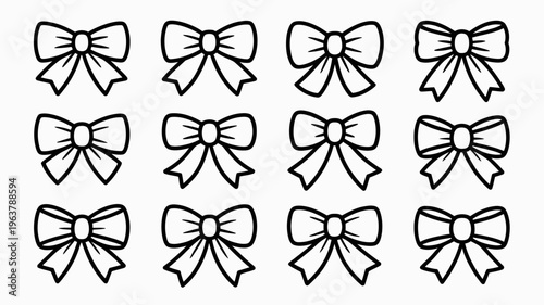 A collection of nine black and white line art bows arranged in a grid pattern showcasing various ribbon shapes and styles high quality professional detailed modern