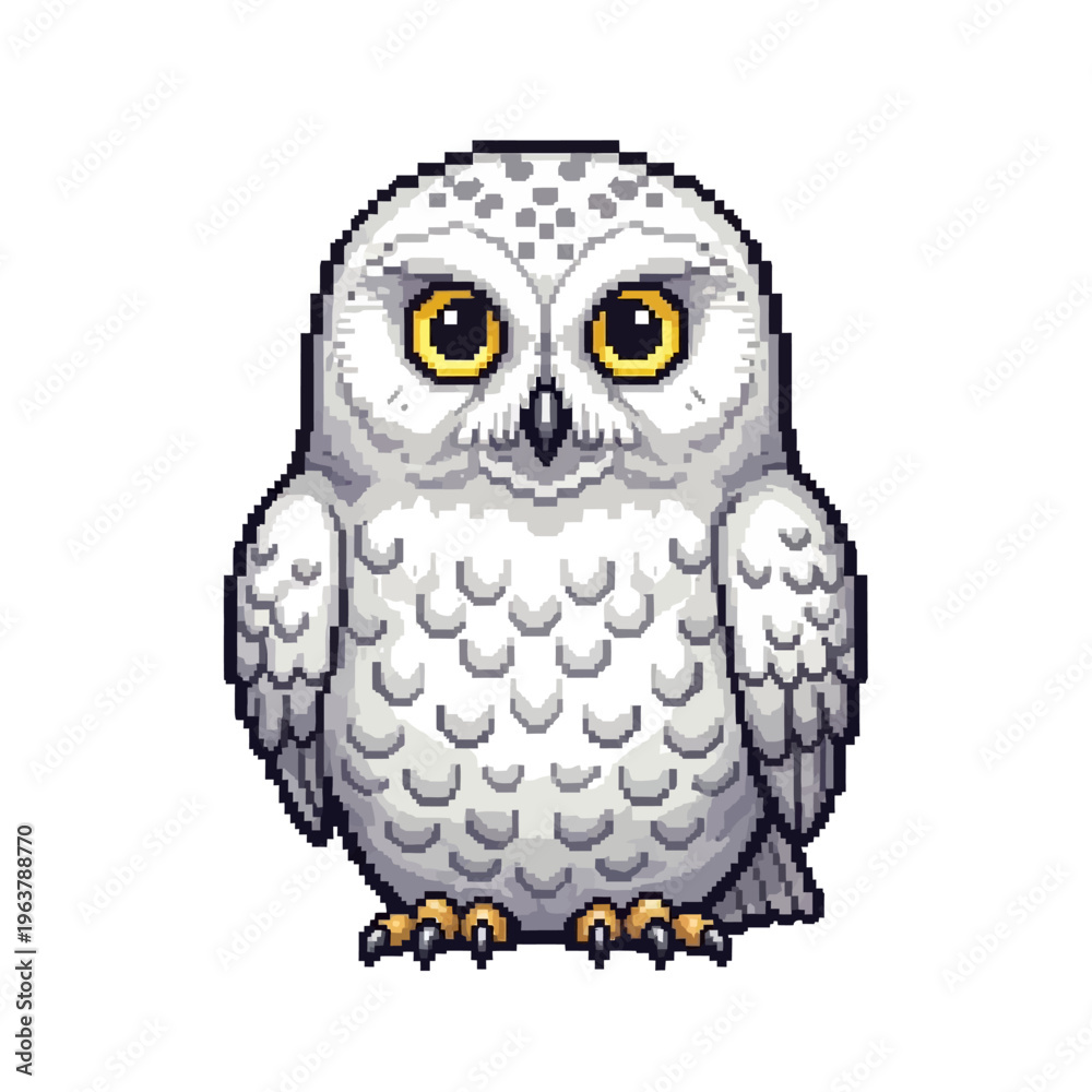 Fototapeta premium Charming pixel art snowy owl illustration featuring a cute arctic bird with bright yellow eyes and white feathers, perfect for game assets, stickers, or whimsical winter-themed digital designs