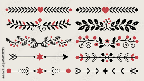 A collection of decorative floral elements and botanical dividers in black and red arranged in rows on a neutral background high quality professional detailed modern elegant