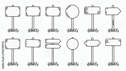A collection of various black and white directional signs and blank placards all with wooden posts and grassy bases high quality professional detailed modern elegant stylish